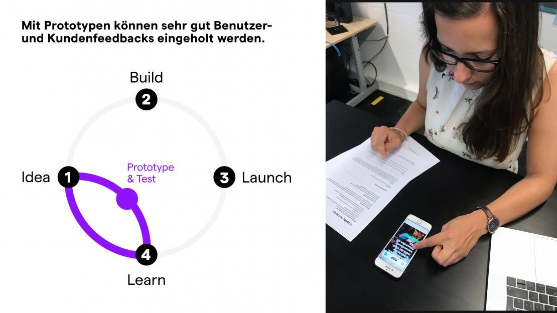 Eine Userin testet den Prototyp eines Produkts und gibt Feedback.