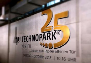 The wall of the Technopark entrance is decorated with a festive design for its anniversary.